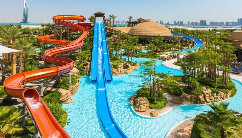 Aerial view of Aquaventure World Dubai showcasing water slides, pools, and lush surroundings Aerial view of Aquaventure World Dubai showcasing water slides, pools, and lush surroundings