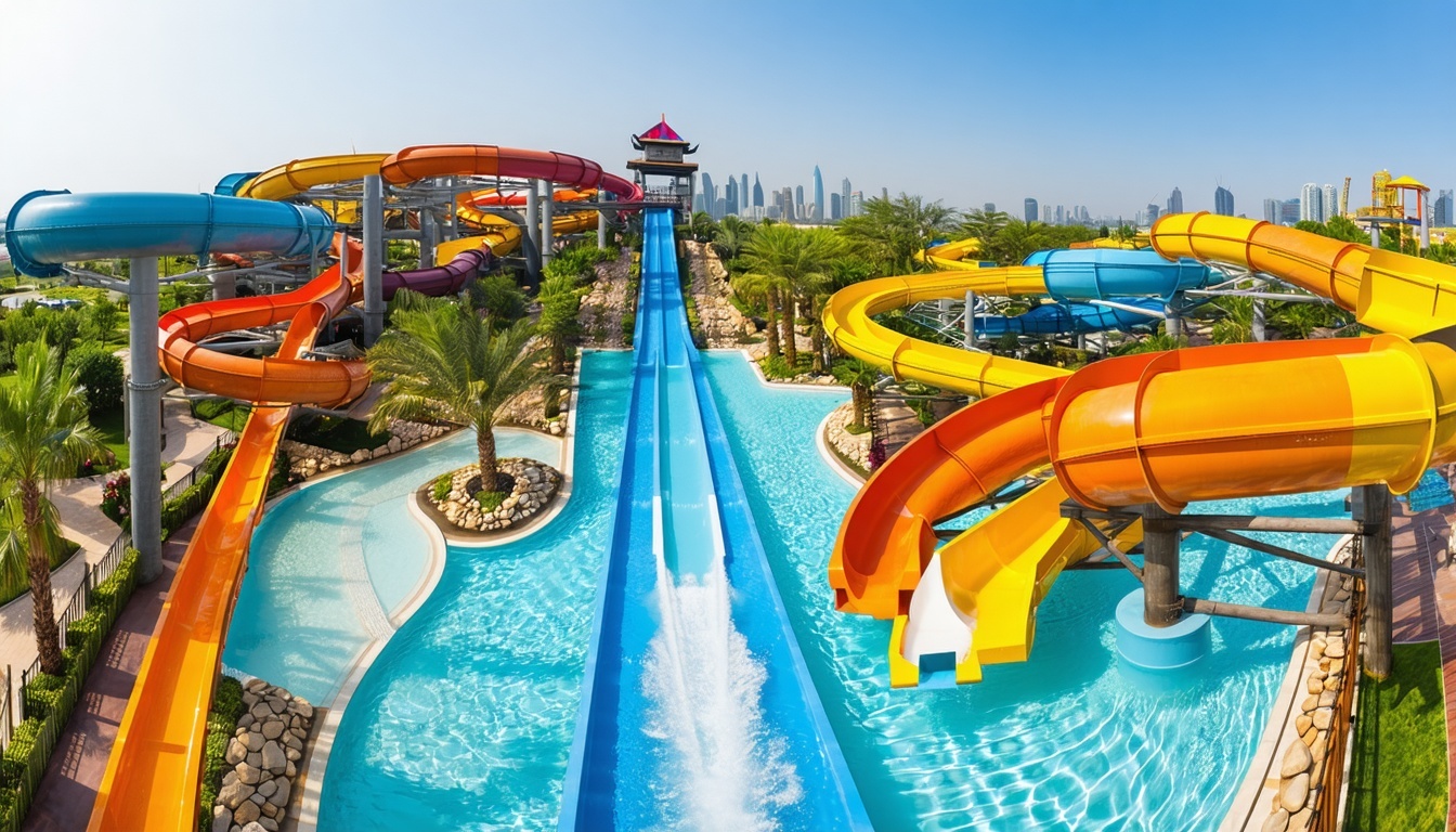 Aerial view of Aquaventure Waterpark Dubai with thrilling water slides